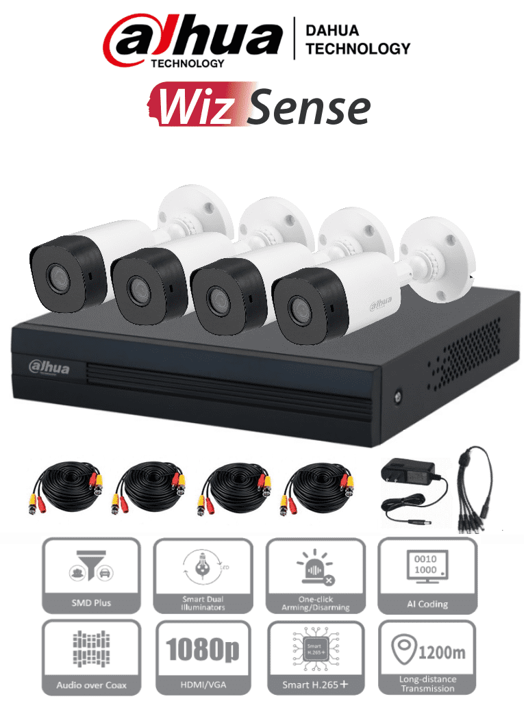 Imagen de DAHUA KITXVR1B04-I+4B1A21 -Kit de 4 Canales de 2 Megapíxeles DVR Cooper-I WizSense con IA, compresión H.265+, 4 cámaras B1A21 1080p,  4 canales + 1 IP o hasta 5 IP, SMD Plus, búsqueda de humanos y vehículos, incluye accesorios