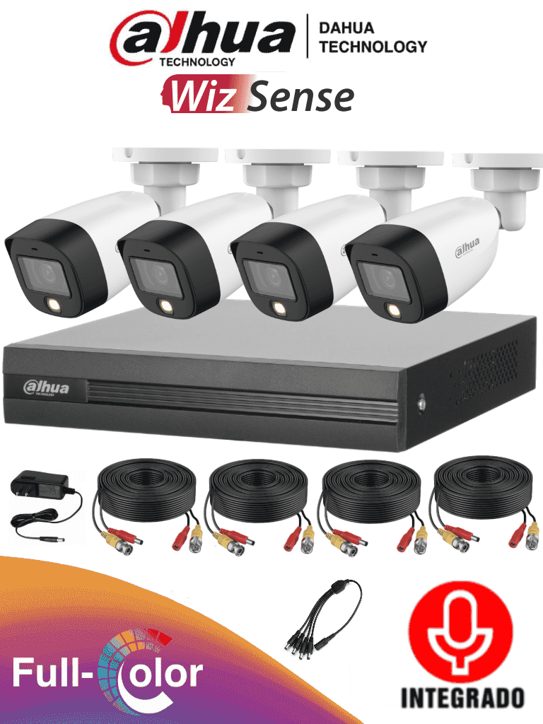 Imagen de DAHUA FULLCOLORKIT-A - Kit de 4 Canales Full Color 2 MP con Audio y DVR Cooper-I WizSense. Incluye 4 cámaras Full Color 2 MP con micrófono integrado. Sistema de 4 canales más 1 IP y 4 SMD Plus. Incluye accesorios y búsqueda de humanos con IA.