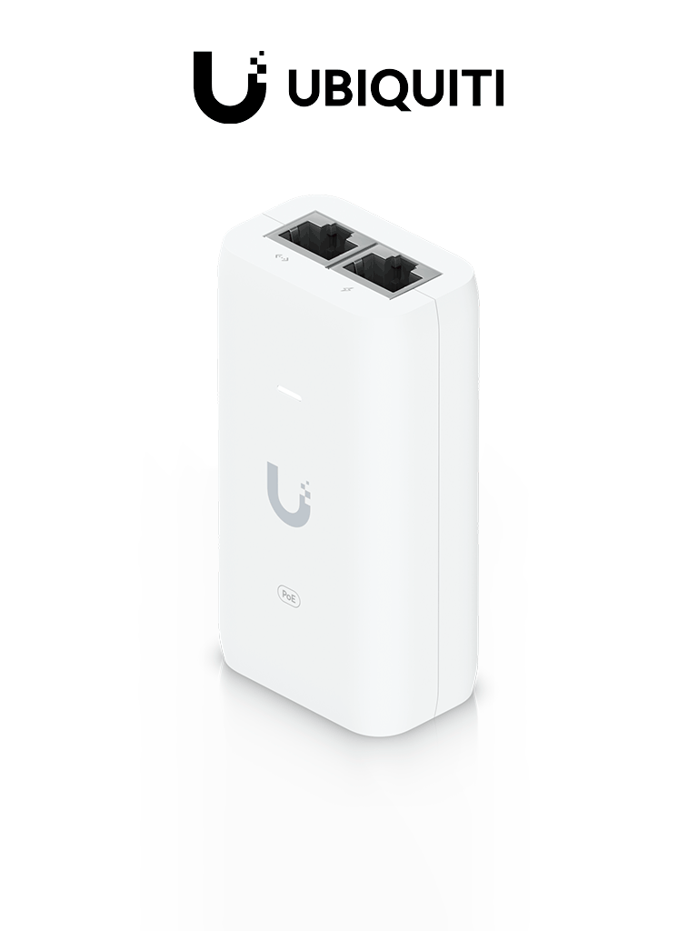 Imagen de UBIQUITI - U-PoE Inyector PoE Gigabit para equipos Ubiquiti, 48 VDC, 0.32A, color blanco.