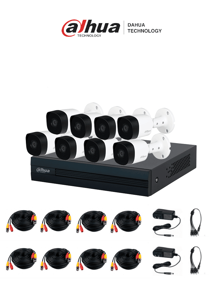 Imagen de DAHUA KITXVR1B08- I+8-B2A21-  Kit de 8 Canales, DVR Cooper-I WizSense con IA y H.265+, 8 cámaras B2A21 de 1080p metálicas, soporte para hasta 10 canales IP, 4 canales con SMD Plus para detección de humanos y vehículos, y accesorios incluidos.