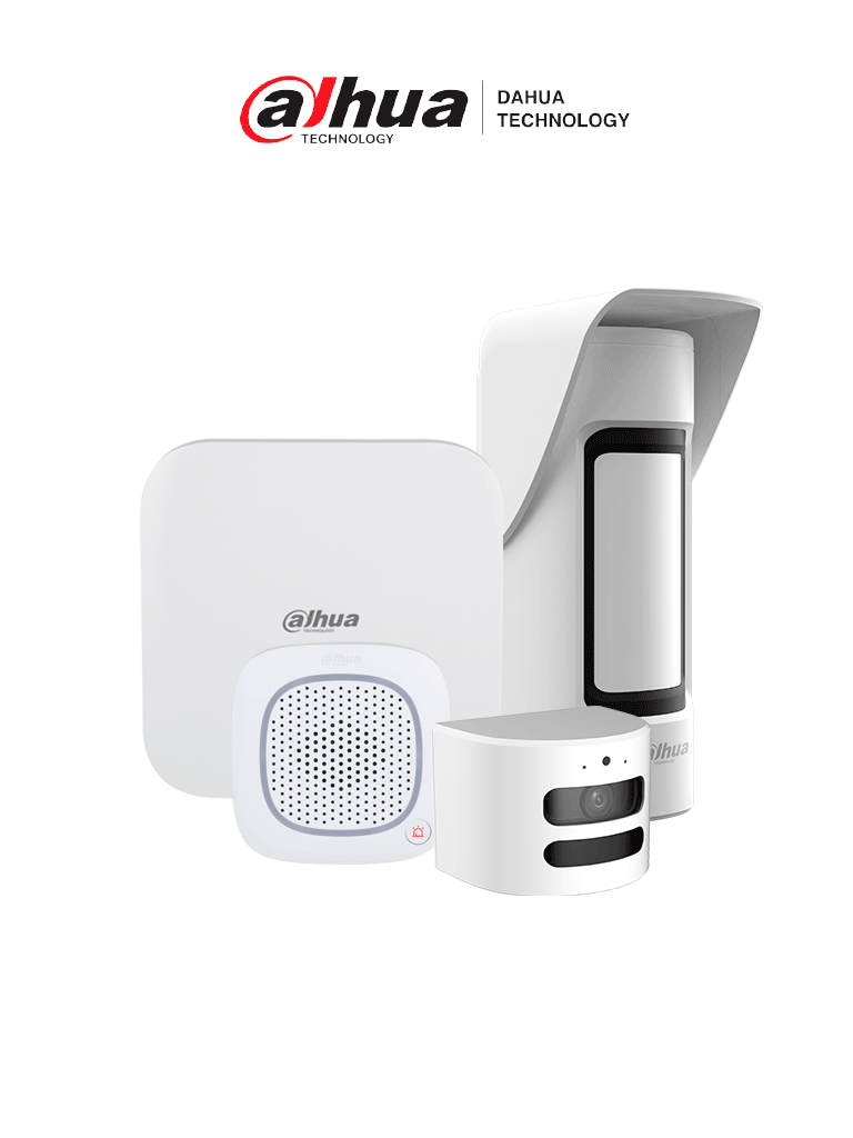 Imagen de DAHUA KIT HUB 2.0 - Paquete de sistema de alarma inalámbrica, Incluye: panel de alarma HUB2, sirena inalámbrica con audio bidireccional, PIR para exterior y su módulo de cámara HD
