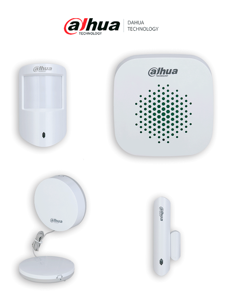 Imagen de DAHUA KIT BÁSICO - Paquete básico de periféricos para sistemas inalámbricos de intrusión de Dahua, Incluye: 1 PIR para interior, 1 Contacto magnético, Sirena para interior, Detector de inundación, Administrable desde la aplicación DMSS