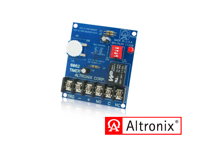 TEMPORIZADOR MULTIPROPÓSITO / RANGO DE PROGRAMACIÓN DE 1 SEGUNDO A 60 MINUTOS / 6062 ALTRONIX / VOLTAJE DE 12 O 24 VCD CONSUMO DE CORRIENTE 3 MA MODO REPOSO Y 40 MA ACTIVADO CUENTA CON FUNCIÓN DE REINICIO Y MODO DE REPETICIÓN