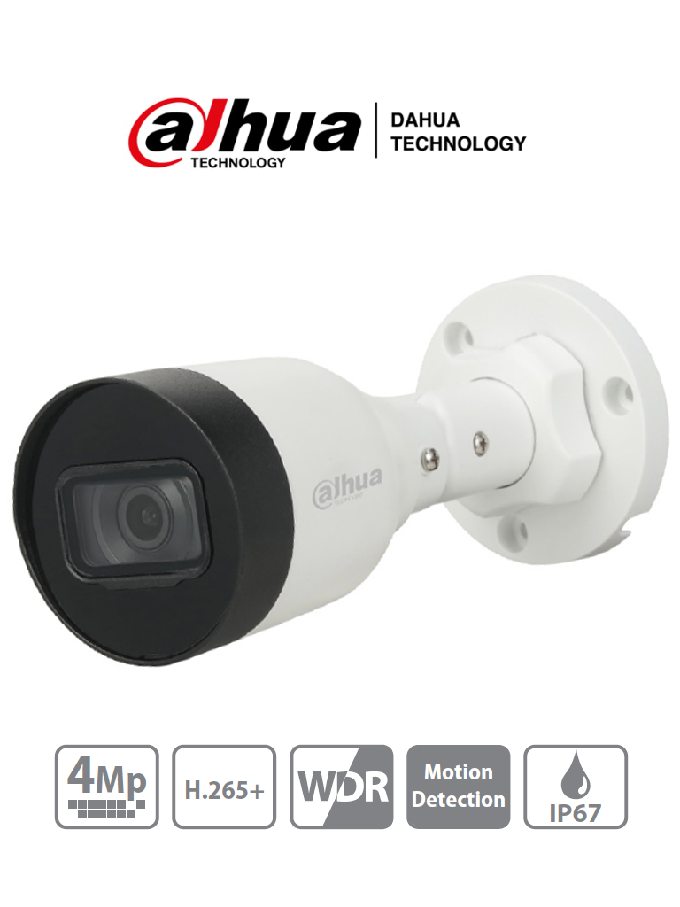 Imagen de DAHUA IPC-HFW1431S1-S4 - Cámara IP Bullet de 4 Megapixeles con compresión H.265+, lente de 2.8 mm, ángulo de visión de 93°, IR de 30 m, 30 FPS, tecnología WDR, y certificación IP67 para resistencia al agua y polvo.