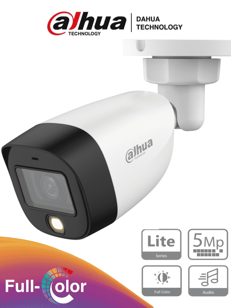 Imagen de DAHUA HAC-HFW1509CN-A-LED - Cámara Bullet Full Color de 5 MP con lente de 2.8 mm y apertura de 112°. Incluye micrófono integrado, LEDs para visión nocturna hasta 20 metros, WDR de 120 dB y tecnología Starlight. Resistente al agua IP67