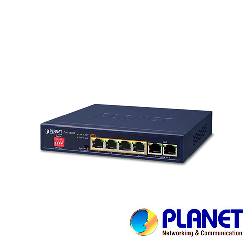 SWITCH NO ADMINISTRABLE / PLANET GSD-604HP / 6 PUERTOS RJ45 10/100/1000 MBPS / 4 PUERTOS POE 802.3AT/AF (PUERTOS 1 – 4) / SIN VENTILADOR / 67W DE CONSUMO / RECINTO DE METAL / DIP SWITCH (VLAN, ESTANDAR Y EXTENDIDO).