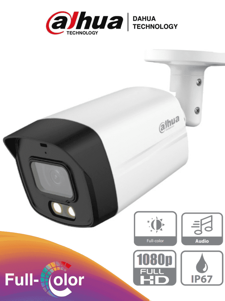 Imagen de DAHUA HAC-HFW1209TLMN-A-LED - Camara Bullet Full Color de 2 Megapixeles/ 1080p/ Lente de 2.8mm/ 108 Grados de Apertura/ Microfono Integrado/ 40 Metros de Iluminación/ DWDR/ IP67/ Metalica+Policarbonato/