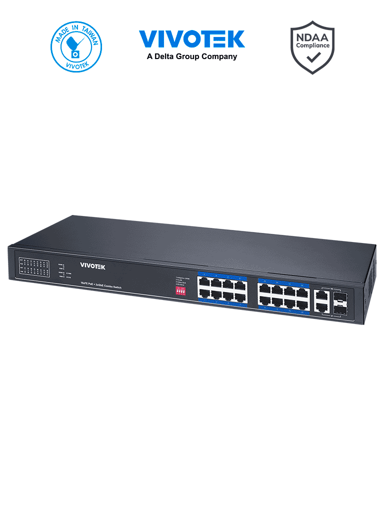 Imagen de VIVOTEK AW-FGT-180P-250 - Switch PoE no administrable con 16 puertos PoE FE RJ45, 2 puertos Combo GE RJ45/SFP, 30W por puerto, 250W totales, Modo Extendido Adaptable hasta 250m, 7.2 Gbps y protección 6KV.