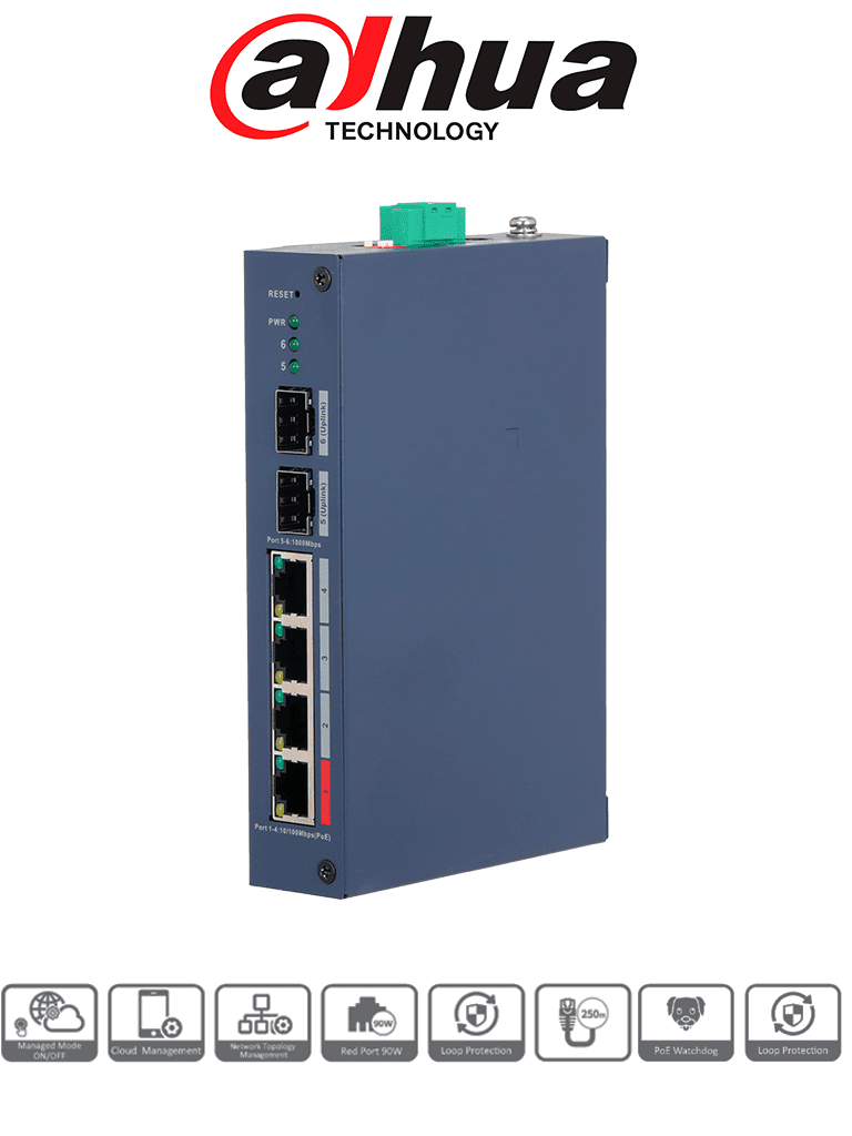 DAHUA DH-CHS4206-4ET-90 - Switch PoE de 6 Puertos Semi Industrial/ 4 Ptos Downlink PoE/ 2 Ptos Uplink SFP Gigabit/ Hasta 120W Totales/ 802.3AF & AT/ 1 Pto Hasta 90W/ Administrable Cloud Vía Dolink Care