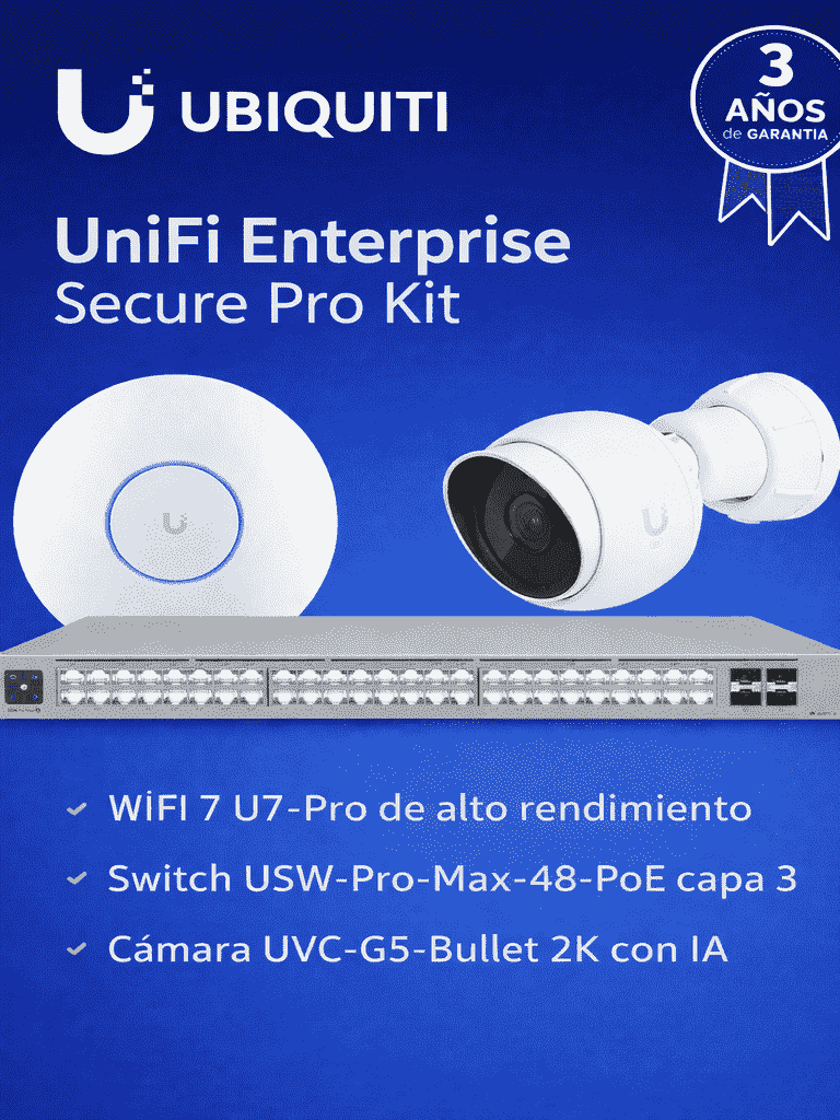 UBIQUITI UniFi Enterprise Secure Pro Kit - Solución integral con U7-PRO WiFi 7 alto desempeño, switch USW-PRO-MAX-48-POE con PoE++ y capa 3, integración de videovigilancia UVC-G5-Bullet 2K con IA, ideal para entornos empresariales de alta densidad.
