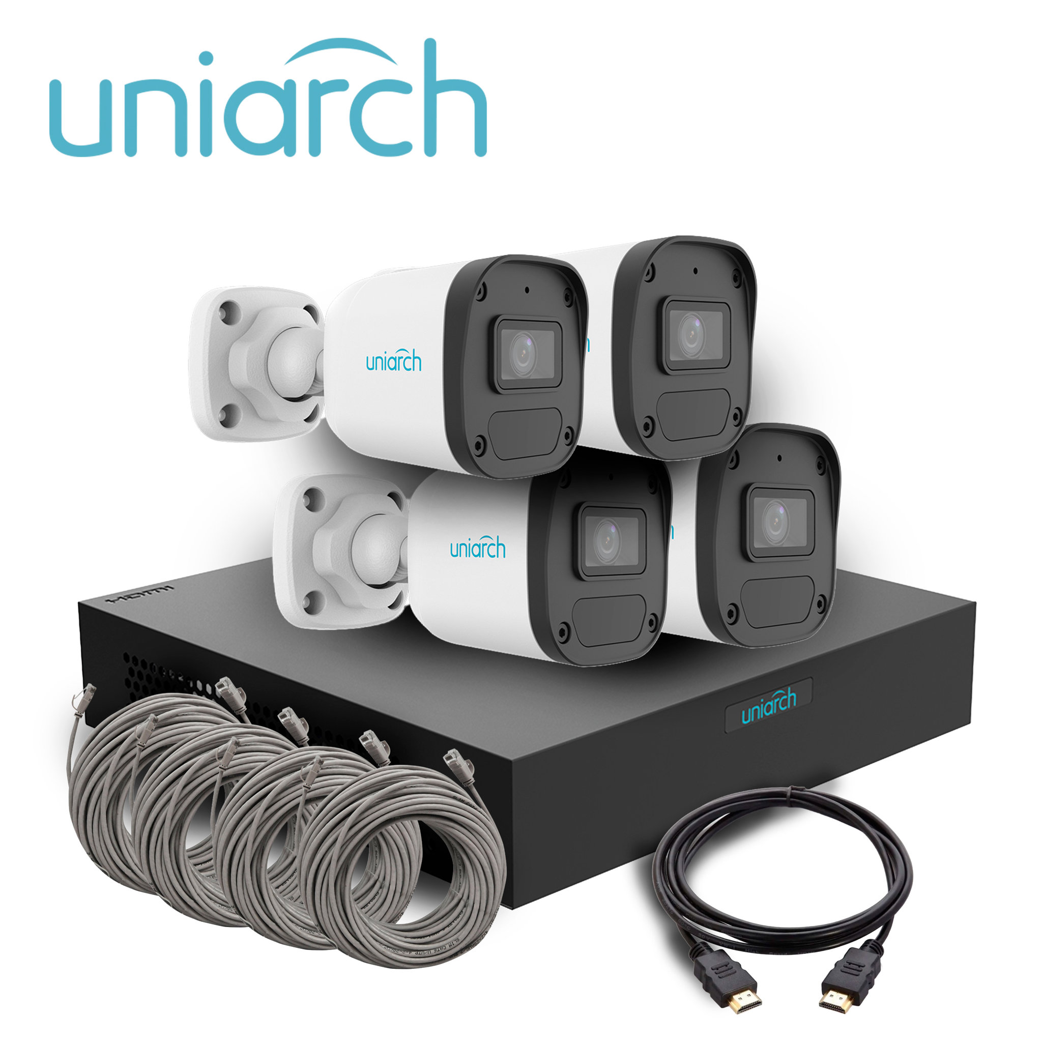 KIT MINI FIXED BULLET UNIARCH IPKIT-104S-4BC / 4CAMARAS-MINI- BULLET-2MP / IPC-B132-AF28-E / ULTRA265 / FULL-HD / LENTE 2.8 MM / DWDR / 30MIR MICROFONO INTEGRADO / HUMAN BODY DETECTION 2.0 / DETECCION DE AUDIO / POEAF / IP67 / 1-NVR-104S3-P4-E / HASTA-6MP