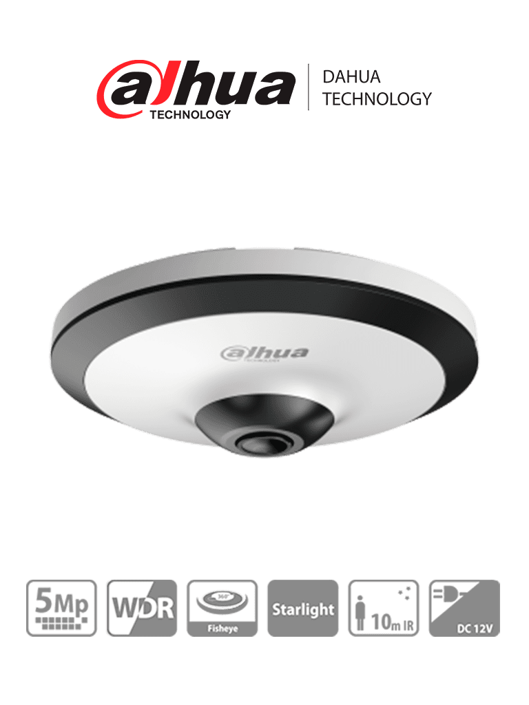 Imagen de DH-HAC-EW2501N - Cámara Fisheye HDCVI 5 MP, visión 360°, IR 10 m, WDR real 120dB, micrófono integrado. Ideal para uso interior con tecnología Starlight para baja luz y reducción de ruido 2D/3D. Ofrece vigilancia detallada y nítida en todas condiciones.