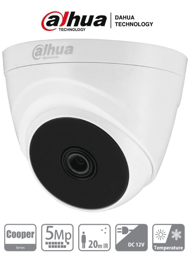 Imagen de DAHUA HAC-T1A51N-0280B-S2 - Cámara Domo de 5MP con lente de 2.8mm y ángulo de 106°. Ofrece visión nocturna IR hasta 20m, ideal para interiores. Compatible con HDCVI, AHD, TVI y CVBS