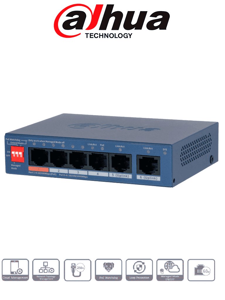 DAHUA DH-CS4006-4ET2GT-60 - Switch PoE de 6 Puertos Administrable/ 4 Puertos PoE Downlink 10 & 100/ 2 Puertos Uplink GE/ 60 Watts Totales/ Administrable en la Nube Dolink Care / PoE Hasta 250 Metros/ Carcasa Metalica/ Switching 4.8 Gbps/