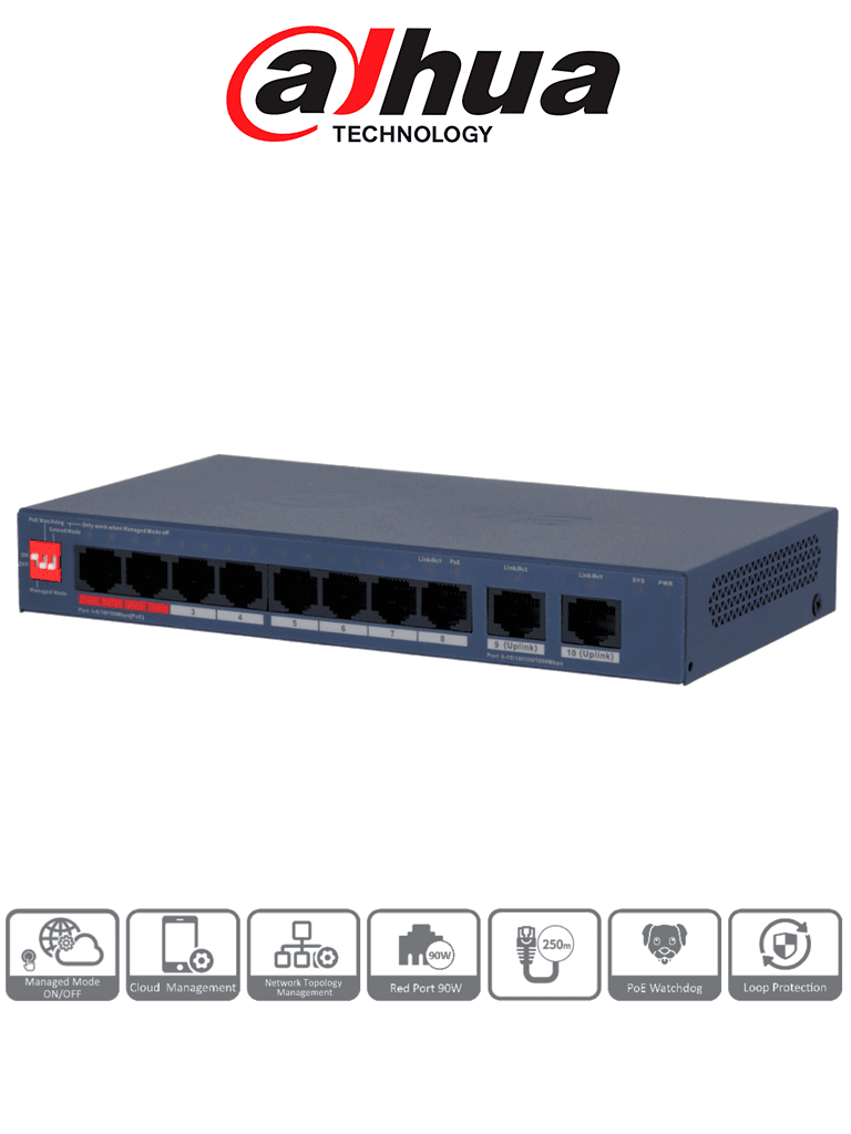 DAHUA DH-CS4010-8ET2GT-110 - Switch PoE de 10 Puertos/ 8 Puertos PoE 10 & 100/ 2 Puertos Uplink GE/ 2 Puertos PoE con Suministro de Hasta 90W/ 110 Watts Totales/ Administrable en la Nube por DoLynk Care/ PoE 250 Metros/ Metal/ Switching 5.6 Gbps/