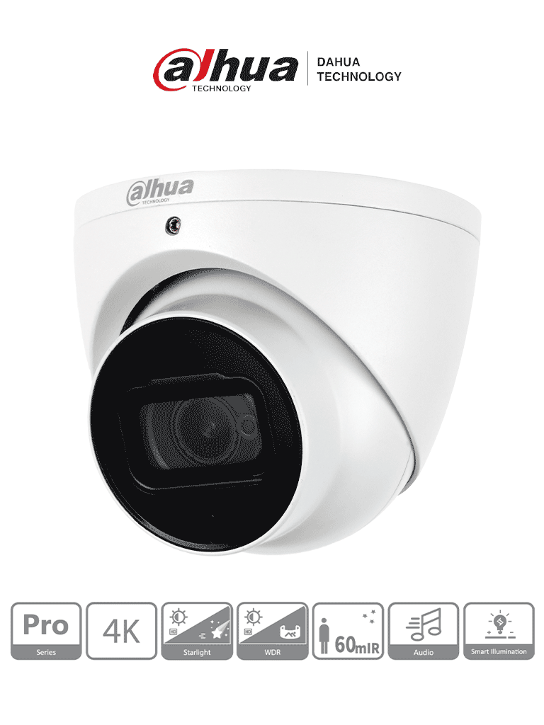 Imagen de DAHUA HDW2802T-A - Cámara Domo EyeBall 4K Starlight de 8 MP, lente de 2.8 mm, IR de 50 m, WDR real 120 dB, IP67. Ideal para vigilancia en alta resolución con excelente rendimiento en condiciones de poca luz y protección robusta contra el clima.