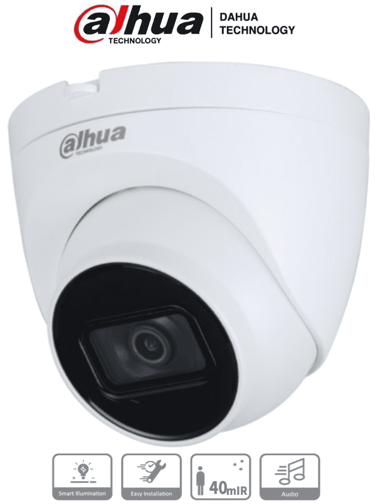 Imagen de DAHUA HAC-HDW1200TQ-A-Cámara domo Dahua de 2 MP con lente de 2.8 mm, ángulo de 102 grados, IR de 40 m, micrófono integrado, instalación rápida, DWDR, IP67, y diseño en metal y policarbonato.