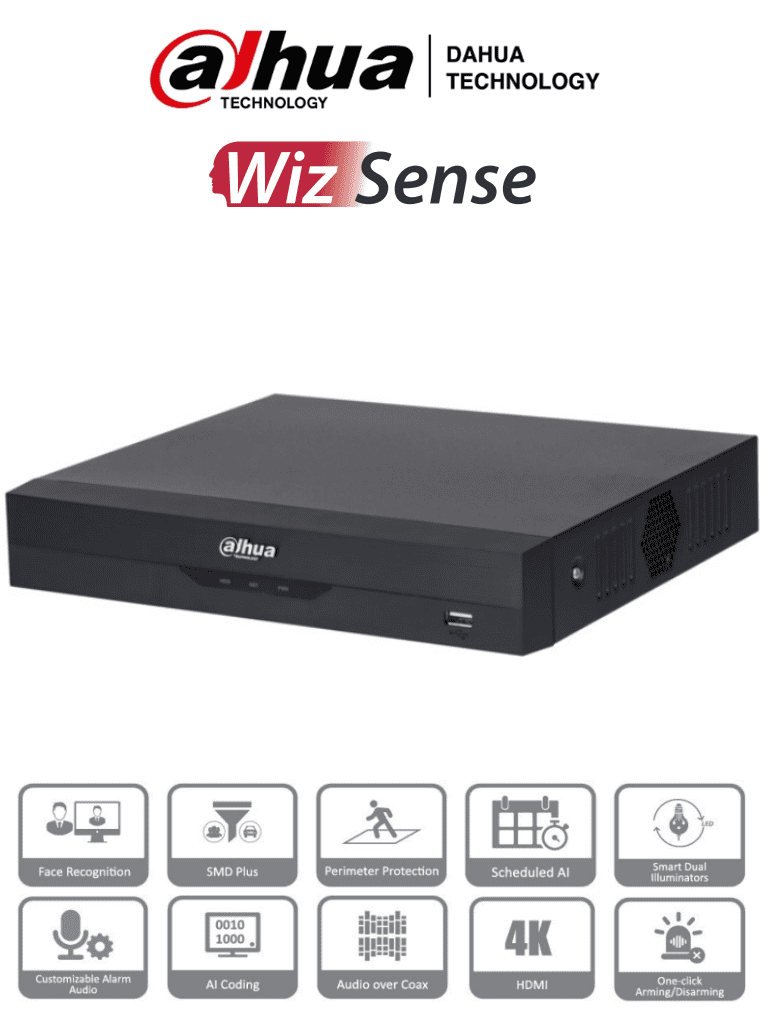 Imagen de DAHUA XVR5104HS-4KL-I3 - DVR 4k de 4 Canales y 4 IP o hasta 8 IP. Equipado con WizSense, codificación H.265+, un canal para reconocimiento facial, protección perimetral y SDM Plus. Bahía SATA para HDD de hasta 10TB. Compatible con IoT y POS