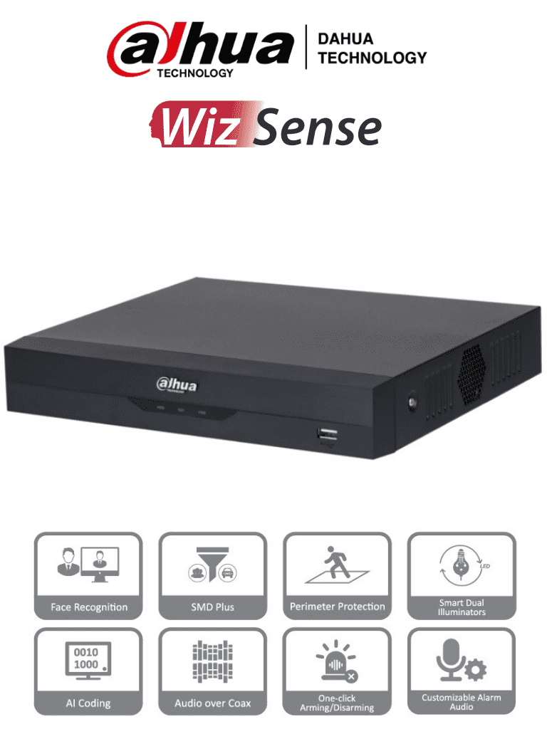 Imagen de DAHUA XVR5104HS-I3 - DVR de 5MP Lite con WizSense. Soporta 4 canales + 2 IP o hasta 6 canales IP. Reconocimiento facial y protección perimetral en 1 canal, incluye SDM Plus, codificación H.265+, y funciones para IoT & POS. 1 puerto SATA