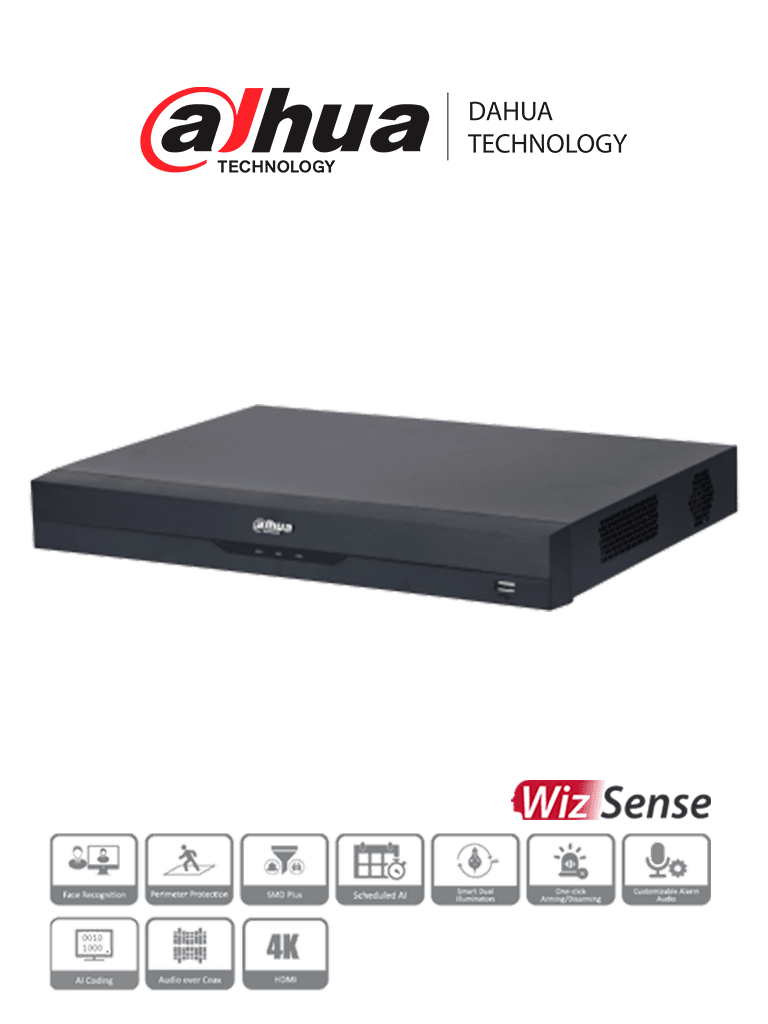 Imagen de DAHUA XVR5216A-4KL-I3 - DVR de 16 Canales 4k/ WizSense/ H.265+/ 16 Canales HDCVI+16 IP/ Hasta 32 Ch IP/ 2 Ch de Reconocimiento Facial/ SDM Plus/ Protección Perimetral/ 2 SATA de hasta 10TB/ 16&3 E&S de Alarmas/ 4 Canales de Audio/ IoT/ POS/