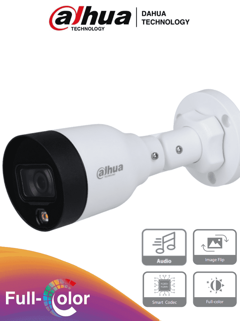 Imagen de DAHUA IPC-HFW1239S1-A-LED-S5 - Camara IP Bullet Full Color de 2 Megapixeles/ Lente de 2.8mm/ 102 Grados de Apertura/ Microfono Integrado/ H.265+/ 15 Metros de Luz Visible/ IP67/ PoE/ DWDR/