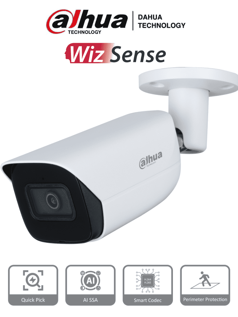 Imagen de DAHUA IPC-HFW3441E-AS-S2 - Camara IP Bullet de 4 Megapíxeles con IA/ WizSense/ Lente de 2.8mm/ 107 Grados de Apertura/ Microfono Integrado/ IR de 50 Metros/ 1 E&S de Alarmas y Audio/ SMD 4.0/ AI SSA/ Ranura MicroSD/ IP67/ PoE/ WDR Real/