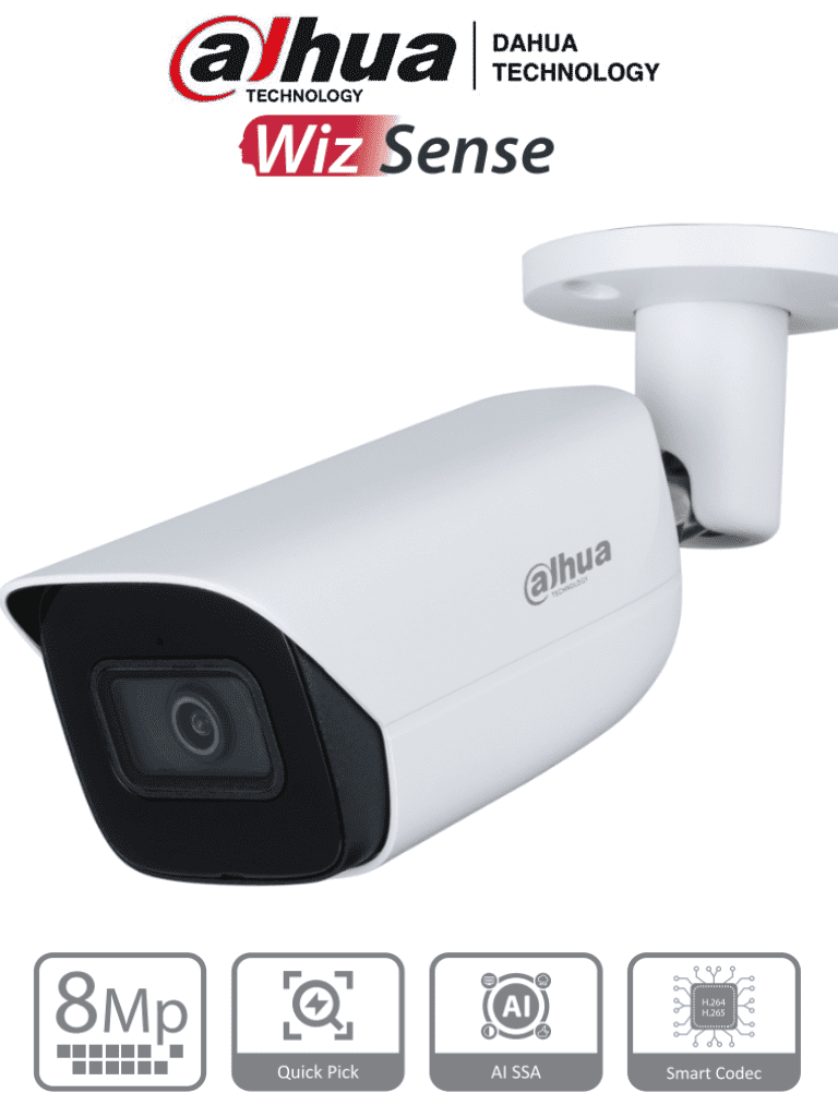 Imagen de DAHUA IPC-HFW3841E-AS-S2 - Camara IP Bullet de 8 Megapixeles con IA/ WizSense/ Lente de 2.8 mm/ 107 Grados de Apertura/ H.265+/ Microfono Integrado/ 1 E&S de Alarma y Audio/ SMD 4.0/ WDR Real/ Quick Pick AI SSA/ PoE/ IP67/