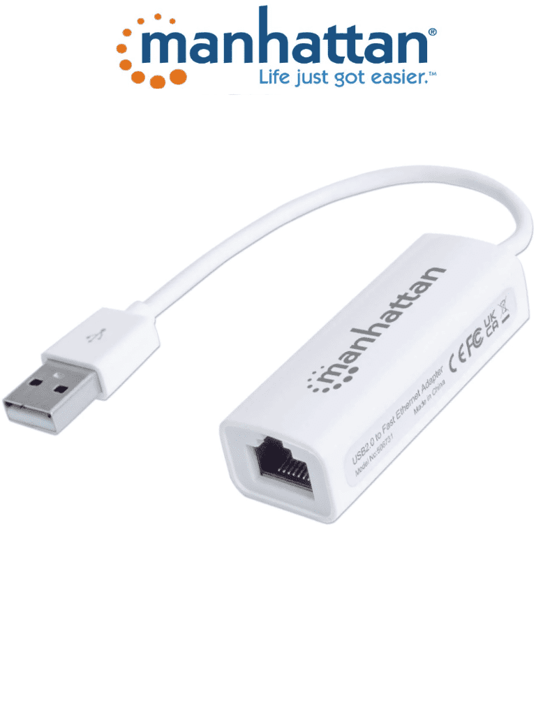 Imagen de MANHATTAN 506731 - Adaptador Fast Ethernet USB de Alta Velocidad 2.0/ Velocidad Hasta 100 Mbps Fast Ethernet/ Hot Swap/ Full Dúplex con Detección Automática de la Velocidad/ Certificaciones: FCC Clase B, Marca CE, RoHS/