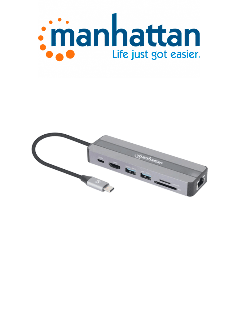 Imagen de MANHATTAN 153928 - Estación Docking USB-C 7 en 1 / USB 3.2 Gen 1 Tipo-C Macho a HDMI (4K@30Hz), dos USB-A (5 Gbps), Gigabit RJ45 y USB-C PD (87 W) Hembra, Lector tarjetas SD/microSD, Aluminio, Plata/Negro / COMPATIBLE con MAC y PC