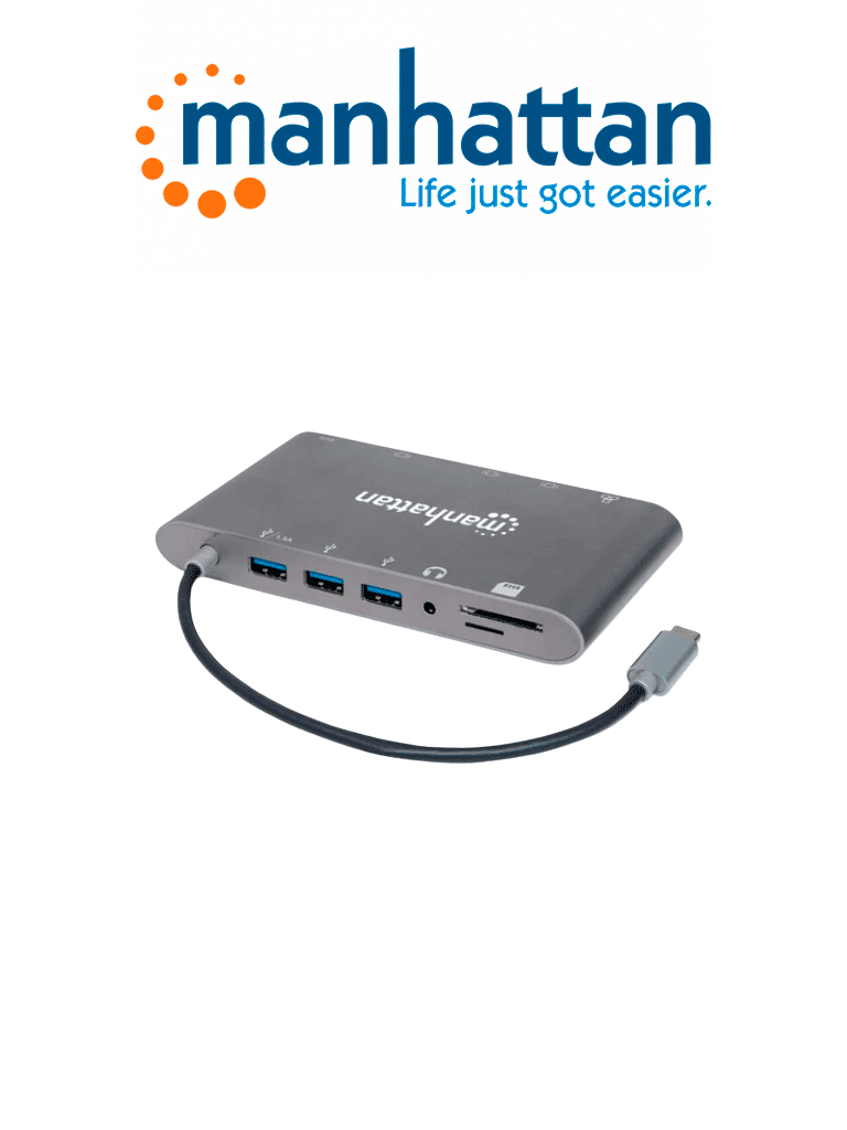 Imagen de MANHATTAN 152808 - Estación Docking USB-C SuperVelocidad 7 en 1 USB 3.2 Tipo-C Macho a HDMI, Mini DP o VGA, Tres puertos USB 3.0 Tipo-A,Puerto USB-C PD, Gigabit Puerto RJ45, Lector Tarjetas SD y puerto de audio de 3.5 mm, Aluminio, Gris  (Sobre Pedido)