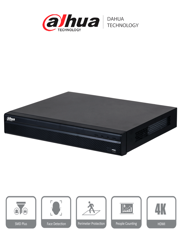 Imagen de DAHUA DHI-NVR4232-4KS3 NVR De 32 canales IP, 8 MP/4K, 160 Mbps, Smart H.265+, 2 Bahías para HDD de 20 TB cada uno, HDMI & VGA, soporta cámaras WizSense y 2 canales SMD Plus.