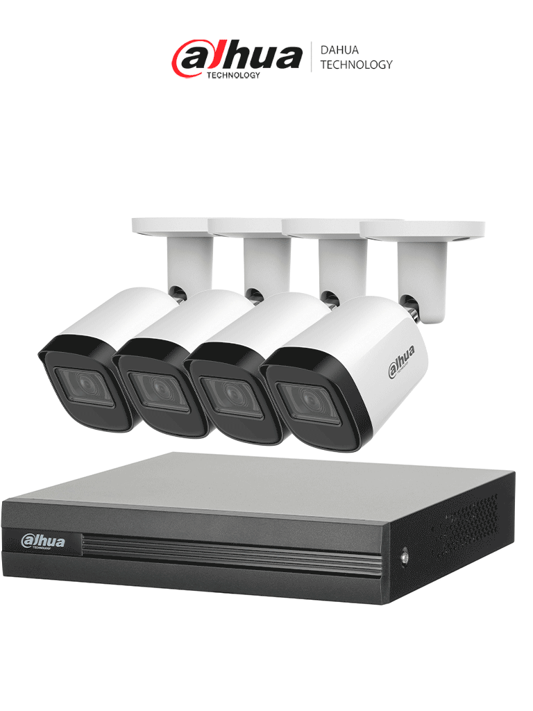 Imagen de DAHUA KITXVR1B04H-I4B2A51-U - Kit de 4 Cámaras metálicas 5 MP Lente de 2.8mm y un DVR Cooper-I WizSense, 4 Canales + 1 IP o Hasta 5 Canales IP. Soporta Con IA, H.265+, SMD Plus y Búsqueda de Humanos y Vehículos.