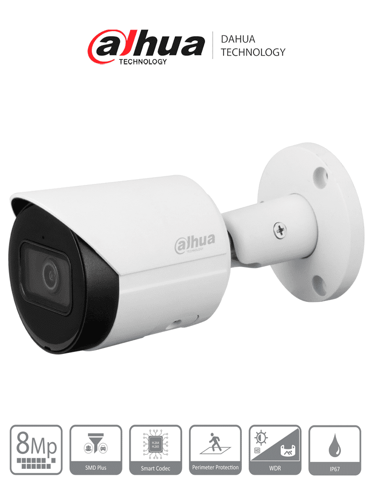 Imagen de DAHUA DH-IPC-HFW2841S-S - Cámara IP Bullet 4k/ 8 Megapíxeles/ Lente de 2.8 mm/ 105 Grados de Apertura/ H.265+/ IR de 30 Mts/ Metálica/ WDR Real de 120 dB/ IP67/ Video analíticos con IVS/ Ranura para MicroSD/ PoE