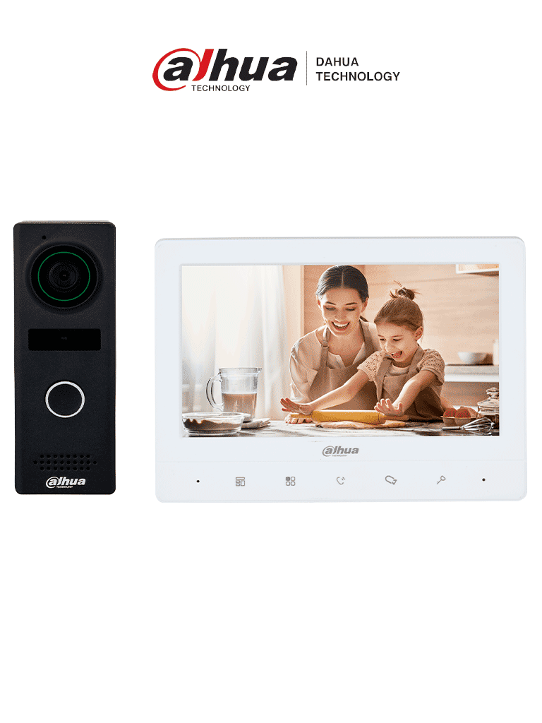 Imagen de DAHUA KTA02M - Kit de videoportero analógico con frente de calle metálico y cámara de 1.3 MP, DWDR e IR automático. Incluye monitor TFT de 7", entrada y salida de audio, y soporte para botón de salida. Ideal para seguridad y comodidad/