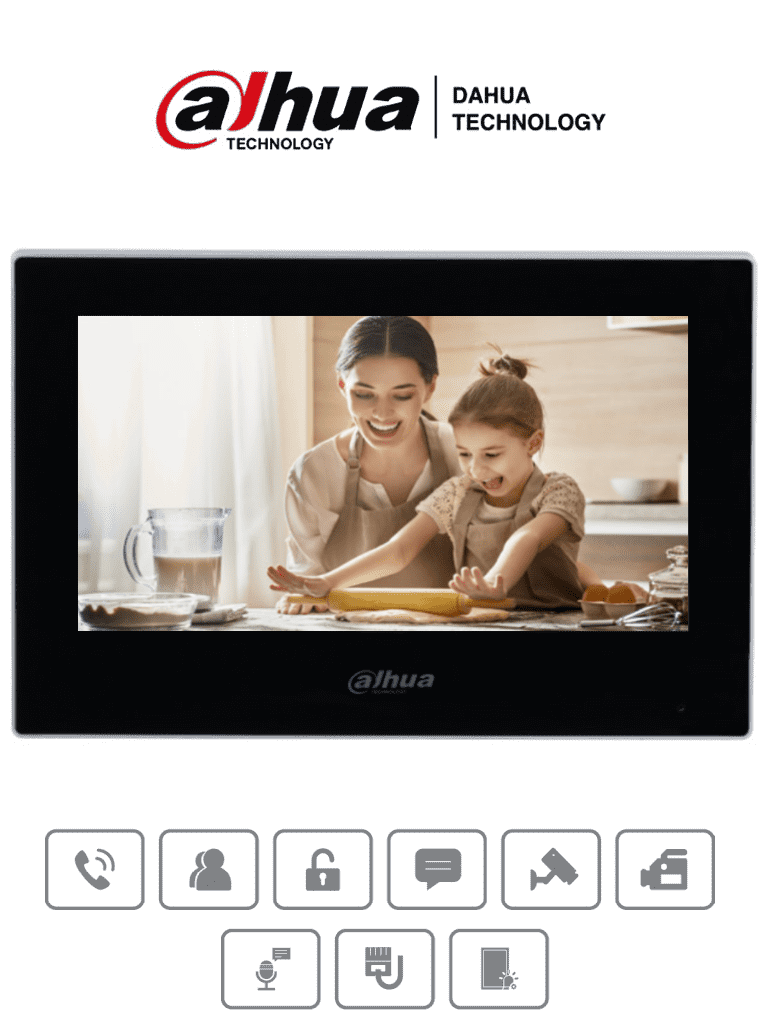 Imagen de DAHUA VTH2621G-P - Monitor IP táctil de 7" en negro, Serie Lite, ideal para interiores. Soporta PoE estándar, hasta 4 cámaras de entrada y 4 monitores adicionales. Incluye modo No Molestar, 6 entradas/salidas de alarma, y compresión H.265.