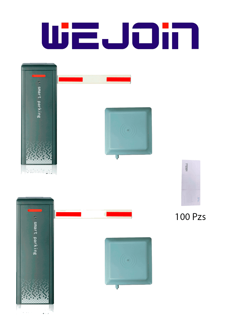 Imagen de WEJOIN WJDZE2 Kit de 2 Barreras Vehiculares de 4.5M con 2 Lectoras UHF de 6M y 100 Tags Adheribles