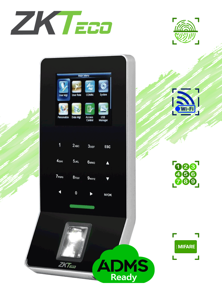 Imagen de ZKTECO F22Mifare - Control de Acceso y Asistencia / 3000 Huellas / 5000 Tarjetas Mifare / Teclado Táctil / Sensor de Huella BIO ID / Conexión TCPIP / WiFi / ADMS Gratis