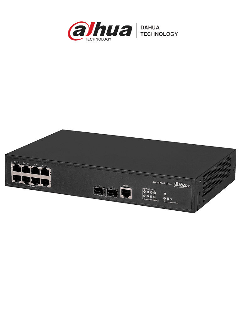 Imagen de DAHUA DH-AS4300-8GT2GF- Switch Gigabit administrable de capa 2 con 8 puertos10/100/1000 Base-T y2 ranuras SFP d 1Gbps. Ofrece una capacidad de switching de 20Gbps y viene con una robusta carcasa metálica, ideal para redes de alto rendimiento