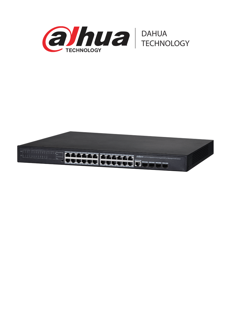 Imagen de DAHUA PFS4428-24GT-370 - Switch Gigabit PoE de 24 puertos, administrable de capa 2, con 370W totales y 4 puertos SFP 1000 Base-X. Capacidad de switching de 56 Gbps, ideal para redes empresariales exigentes