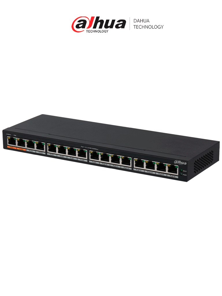 Imagen de DAHUA DH-PFS3016-16GT-190 - Switch Poe Gigabit de 16 Puertos PoE Gigabit/ 190 Watts Totales/ Los 2 Puertos Naranjas Soportan Hi-PoE Estandar/ Switching 32 Gbps/ Tasa de Reenvio de paquetes 23.808 Mbps/ Protección Contra Descargas/