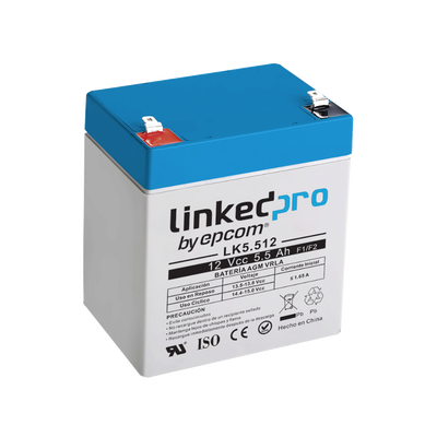 Batería 12 Vcc / 5.5 Ah / UL / Vida útil promedio 5 años / Tecnología AGM-VRLA / Para uso en equipo electrónico, Alarmas de Intrusión / Incendio/ Control de acceso / Video Vigilancia / Terminales F1 ( Incluye adap