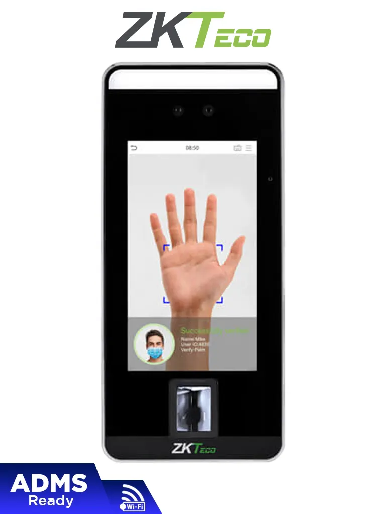 Imagen de ZKTECO SpeedFaceV5LPWIFI - Control de Acceso y Asistencia Visible Light con Autenticación Facial (6000 Rostros), Huella Digital BioID+ (6000), Tarjeta ID 125 KHz , Verificación por Palma (3000), Soporta 200,000 Eventos y Conectividad TCP/IP o WiFi