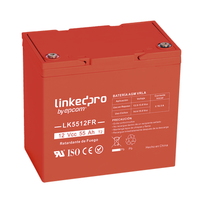 Batería 12 V / 55 Ah / UL / Tecnología AGM-VRLA / Vida útil promedio de 5 años / Retardo a la flama / Para uso en equipo electrónico, Alarmas de Intrusión / Incendio/ Control de acceso / Video Vigilancia / T2