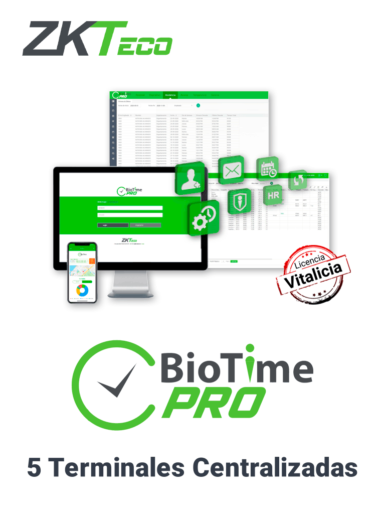 Imagen de ZKTECO BIOTIMEPROSTARTER- Licencia de Asistencia Vitalicia / Versión WEB / Para 5 Terminales Centralizadas / 500 Empleados / 1 Punto para App / 1 Multicompañia