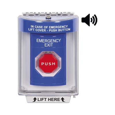 Botón De Salida De Emergencia Con Bocina De Advertencia Integrada, Interior/Exterior, Texto En Ingles, Tapa Protectora De Policarbonato Súper Resistente, Llave Para Restablecer