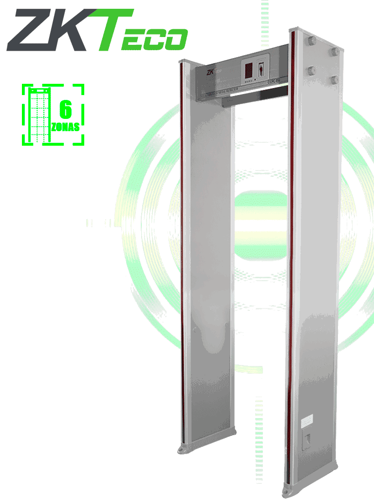 Imagen de ZKTECO D1065 - Arco detector de metal con 6 zonas de detección, 100 niveles de sensibilidad, pantalla LCD de 3.5", contadores de personas y alarmas, indicadores LED en ambas vistas