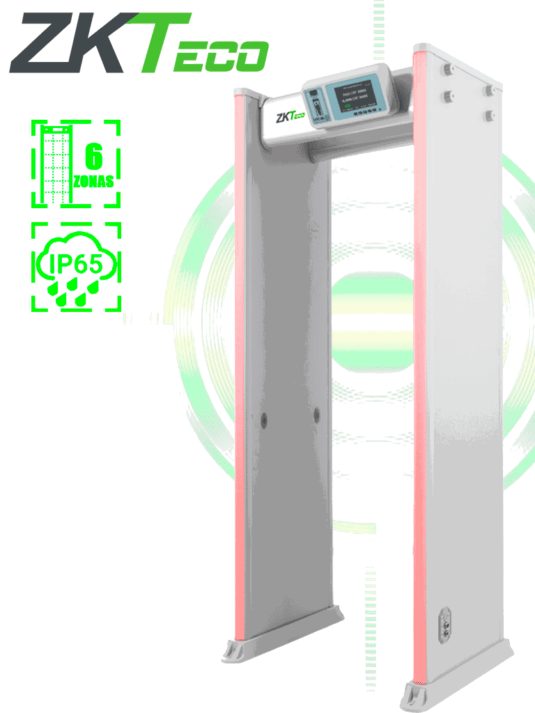 Imagen de ZKTECO D4330IP65 Arco Detector de Metales con protección IP65 para semi exteriores, con 33 zonas de detección, 300 niveles de sensibilidad, pantalla HD 7", indicadores LED en ambas vistas, control remoto y batería de respaldo incluida.