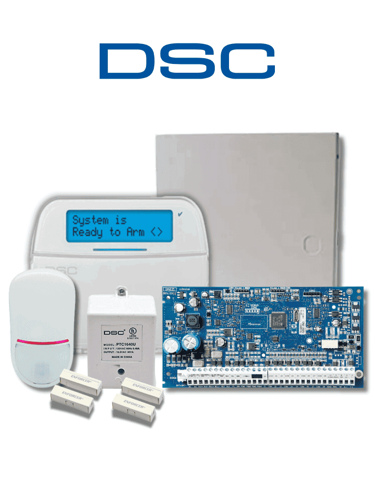 Imagen de DSC NEO-LCD-SB - Paquete SERIE NEO con panel HS2032 de 8 zonas cableadas expandible a 32 / Teclado Alfanumérico HS2LCDN / Sensor PIR LC-200 Cableado / 2 contactos blancos cableados / Transformador / Gabinete GTVCMX003 / Sin Batería