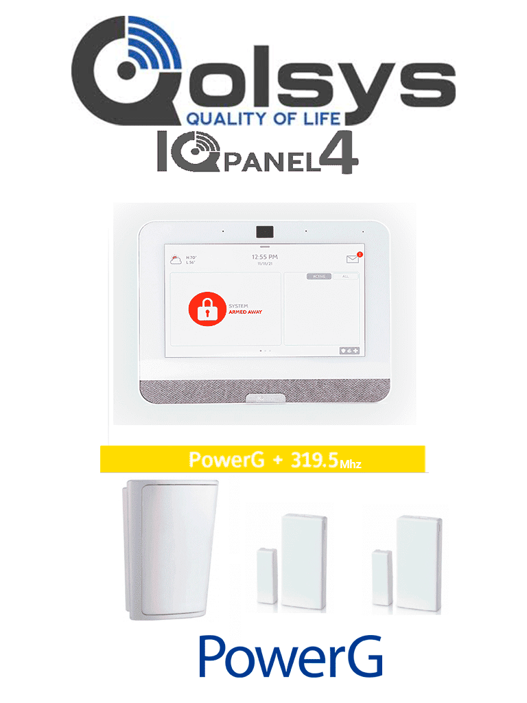 Imagen de QOLSYS IQ4 PACK - Paquete de Alarma IQPanel4 incluye Panel Autocontenido, con Pantalla Táctil de 7", Power G 915 Mhz+Qolsys S-Line 319.5 Mhz. 4 Bocinas integradas, 2 Magnéticos Inalámbricos PG9303 y 1 PIR Inalámbrico PG9914