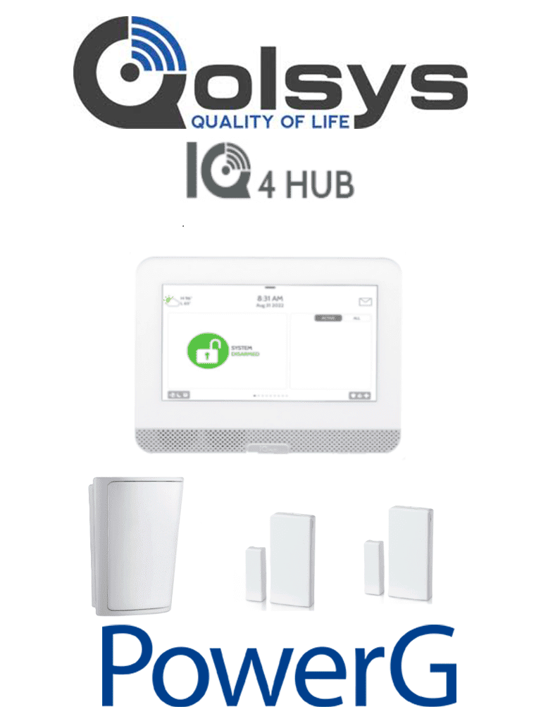 Imagen de QOLSYS IQ4HUB PACK - Paquete que contiene Sistema de Alarma IQ HUB autocontenido , con pantalla táctil de 7", Power G 915 Mhz  1 sensor PIR inalámbrico PG9914 y 2 sensores magnéticos inalámbricos PG9303